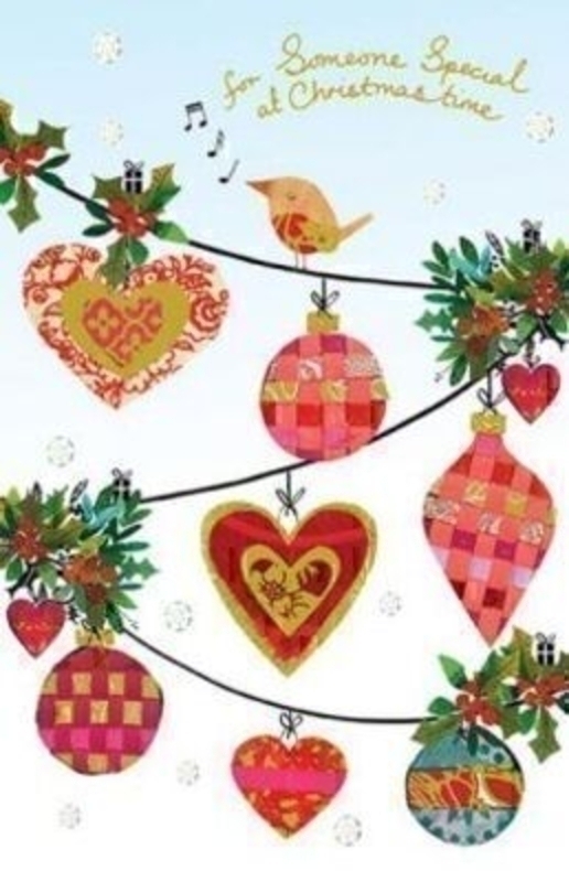 Someone Special Christmas Card Robin and Baubles by Artisan at Paper Rose. Design is embossed and foiled. Comes with a Red Envelope. Has 'For someone special at Christmas time' on the front and 'wishing you a magical Christmas and a wonderful New Yea